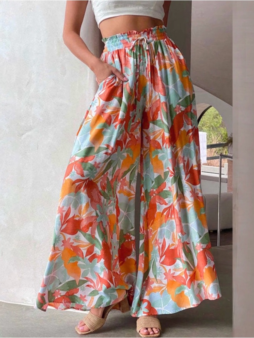 Wide Leg Floral Print Lounge Pants - Red Orange Mint